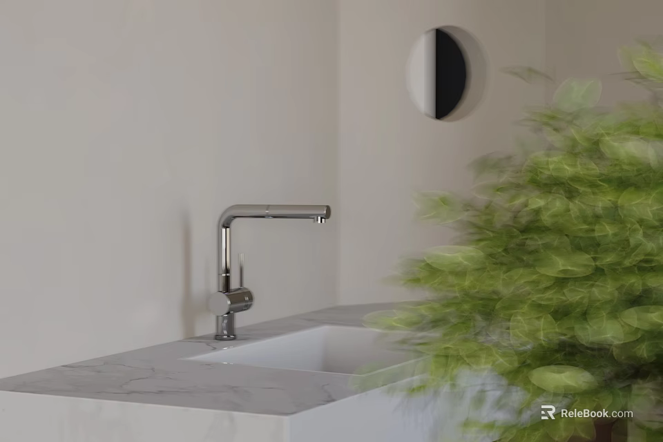 Modern Kitchen Sink With Chrome Faucet On Marble Countertop And Green Plant 3d model 