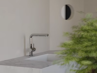 Modern Kitchen Sink With Chrome Faucet On Marble Countertop And Green Plant 3d model