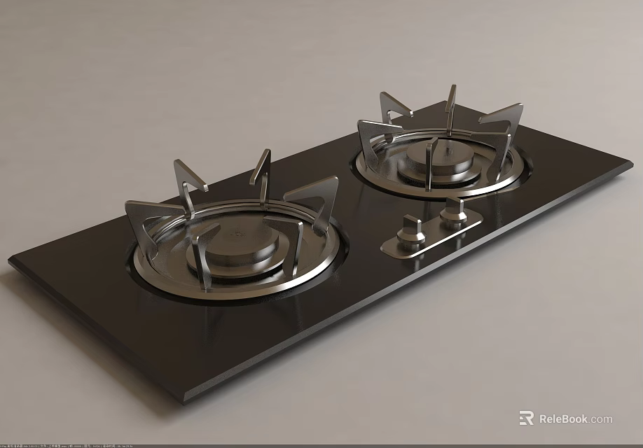 Modern Black Gas Cooktop with Two Silver Burners and Control Knobs 3d model 