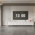 Modern Minimalist TV Background Wall With Light Colored Panels And White TV Cabinet