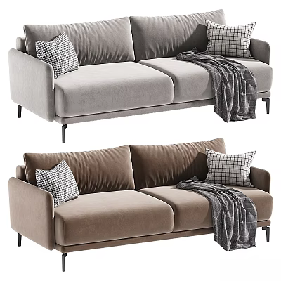 Two Seater Sofa With Neutral Tones Plaid Pillows Gray Throw And Black Tapered Legs 3d model