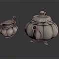 Set of Two Silver Metal Household Items With Traditional Pumpkin Shape Handle Spout and Lid