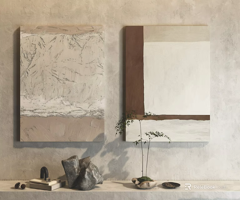 Abstract Wall Art With Geometric And Textured Paintings And Decorative Items 3d model 