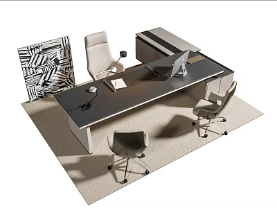Modern Office Desk Setup With Computer Office Chairs Desk Lamp And Rug 3d model