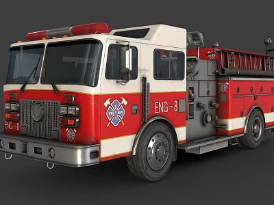 Red And White Fire Truck With ENG91 Marking Fire Department Emblem And Ladder 3d model