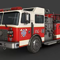 Red And White Fire Truck With ENG91 Marking Fire Department Emblem And Ladder
