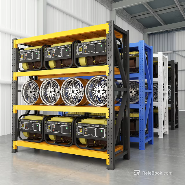Yellow and Blue Metal Storage Shelves with Wheels and Equipment in Warehouse 3d model 