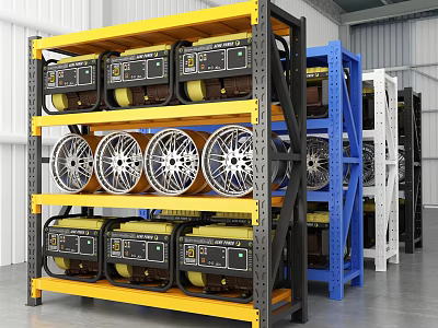 Yellow and Blue Metal Storage Shelves with Wheels and Equipment in Warehouse 3d model