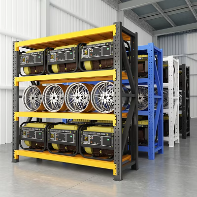 Yellow and Blue Metal Storage Shelves with Wheels and Equipment in Warehouse 3d model
