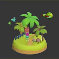 Palm Trees on Small Green Island with Cartoon Character Black Birds and Rocket Decoration