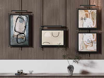 Abstract Paintings Hanging on Wooden Wall with Decorative Frames and Vase Accent 3d model