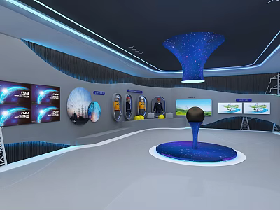 Modern Technology Exhibition Hall With Display Screens Starry Ceiling And Models 3d model