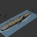 Aircraft Carrier Sailing On Blue Ocean With Several Airplanes Flying Nearby