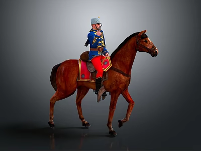 Rider In Blue Uniform And Red Pants Riding Brown Horse With Helmet On Gray Background 3d model