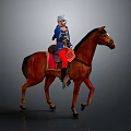 Rider In Blue Uniform And Red Pants Riding Brown Horse With Helmet On Gray Background