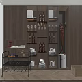 Modern Wooden Wine Cabinet With LED Lighting Wine Glasses Bottles And Sculpture