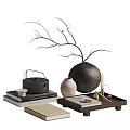Minimalist Tea Set With Black Teapot Tea Cup Wooden Tray Ceramic Vase And Candle