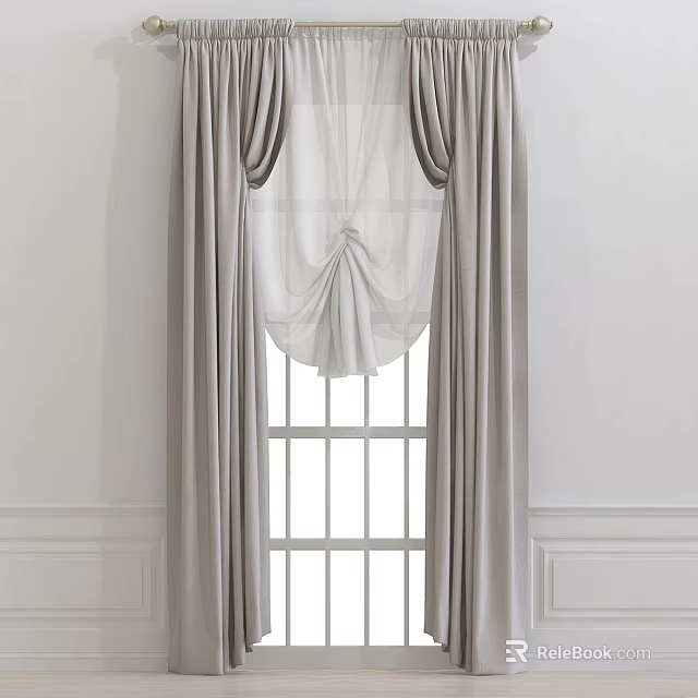 Elegant Layered Curtains With Sheer Valance And Pleated Design For Windows 3d model 
