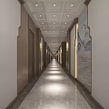 Elegant Hotel Corridor With Chinese Style Mural Wooden Decorations Marble Floor And Ceiling Lights