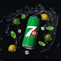 Refreshing 7Up Drink with Ice Cubes Lemon Lime and Mint Leaves in Splashing Water