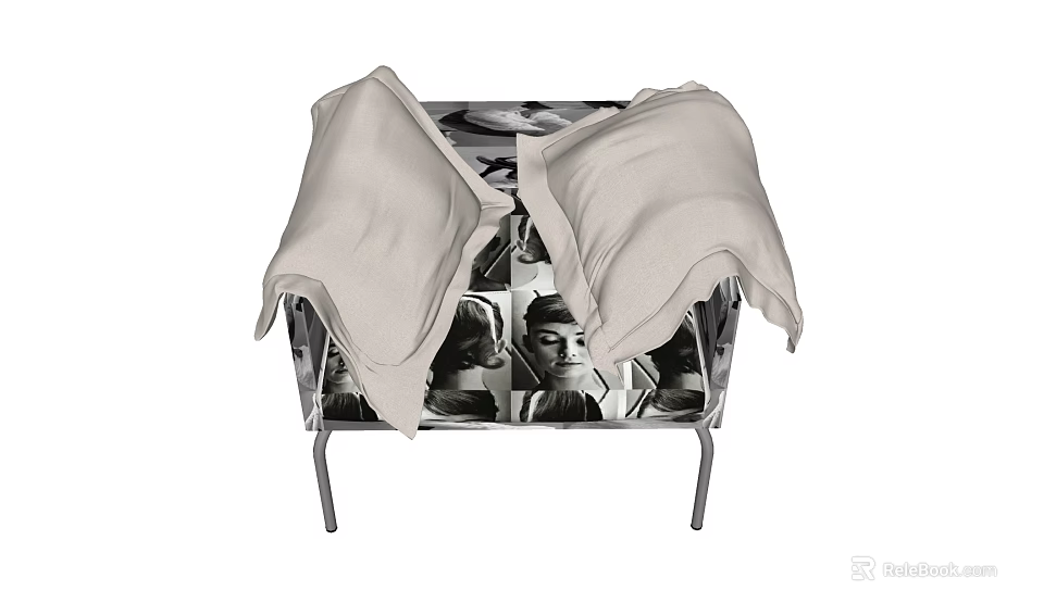 Single Sofa with Black and White Portrait Pattern and White Pillows on Metal Legs 3d model 