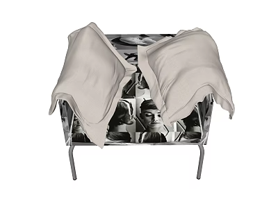 Single Sofa with Black and White Portrait Pattern and White Pillows on Metal Legs 3d model
