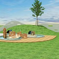 Kindergarten Outdoor Play Area With Wooden Structures Water Pool And Slides