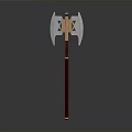 Decorative Double Bladed Axe With Metal Blades Red And Brown Handle And Intricate Design