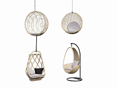 Stylish Hanging Chairs With Various Wicker Rattan Designs And Beige Black Frames 3d model