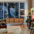 Modern Living Room Interior With Sofa TV Large Windows Wooden Cabinet And Carpet