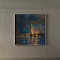 Oil Painting Seascape on Gray Concrete Wall with Sunset Reflective Water and Distant Boats