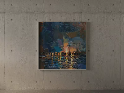 Oil Painting Seascape on Gray Concrete Wall with Sunset Reflective Water and Distant Boats 3d model