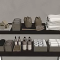 Organized Modern Bathroom Shelves With Towels Bottles Boxes And Brush