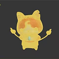 Red and White Cat with Yellow Apron Raised Hands Smiling Cartoon on Dark Background