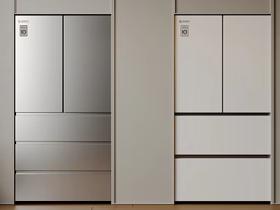 Modern Silver and White Upright Refrigerators with Freezer Drawers in Kitchen 3d model