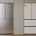 Modern Silver and White Upright Refrigerators with Freezer Drawers in Kitchen