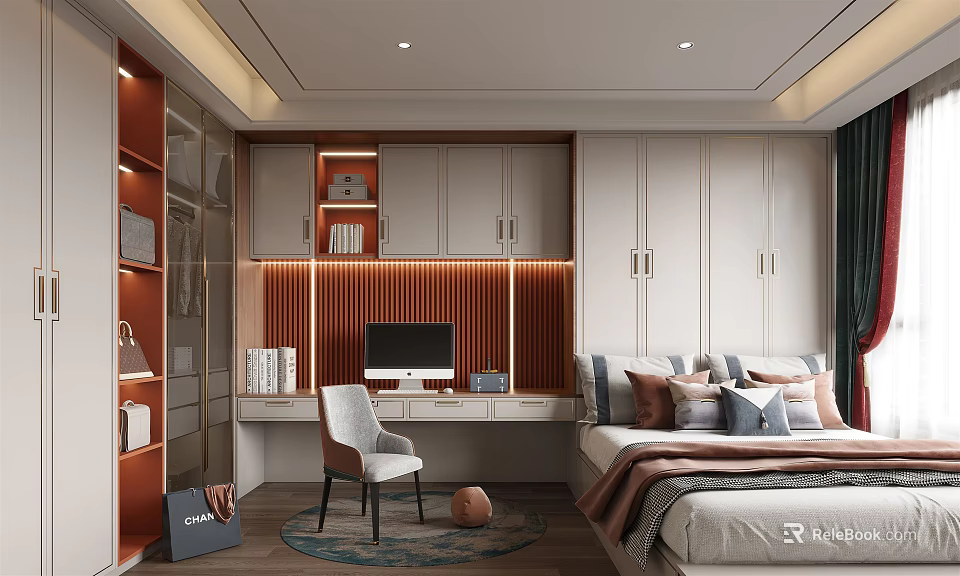 Modern Tatami Bedroom Interior Design With Storage Cabinets Desk And Bookshelves 3d model 