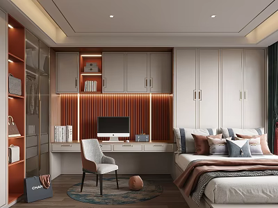 Modern Tatami Bedroom Interior Design With Storage Cabinets Desk And Bookshelves 3d model