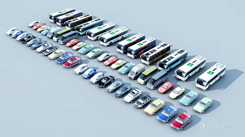 Various Types of Cars and Buses Arranged in Rows with Different Models 3d model 