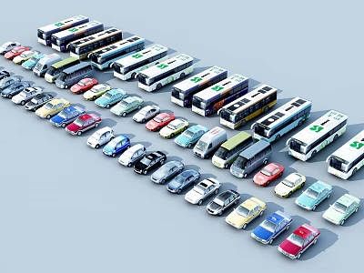 Various Types of Cars and Buses Arranged in Rows with Different Models 3d model