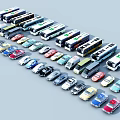 Various Types of Cars and Buses Arranged in Rows with Different Models