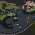Water Fountain with Koi Fish Fire Bowls and Stepped Design Trees