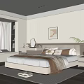 Modern Bedroom Interior With Large Bed Soft Pillows Throw Blanket Wall Art And Hanging Lights