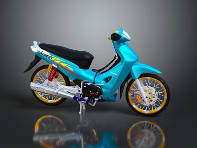 Stylish Blue Motorcycle With Black Seat Yellow Wheels Silver Exhaust And Colorful Decals 3d model