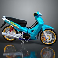 Stylish Blue Motorcycle With Black Seat Yellow Wheels Silver Exhaust And Colorful Decals