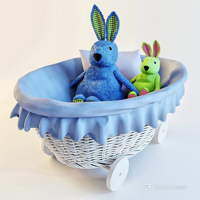 Blue And Green Rabbit Toys In White Wicker Baby Carriage With Blue Frills And White Cushion 3d model 