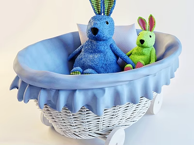 Blue And Green Rabbit Toys In White Wicker Baby Carriage With Blue Frills And White Cushion 3d model