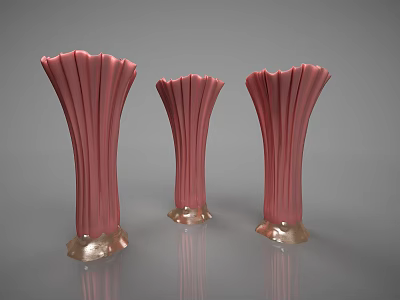 Three Pink Vases With Scalloped Edges And Golden Bases Modern Design 3d model