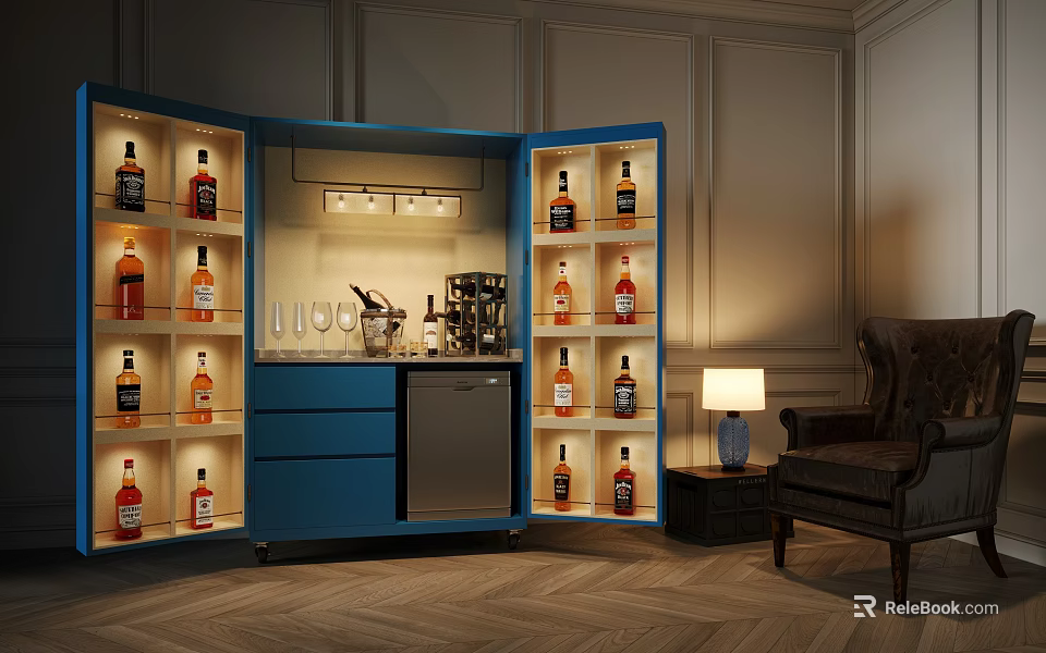 Elegant Blue Liquor Cabinet with Open Glass Doors Displaying Liquor Bottles Glassware and Bartending Tools 3d model 