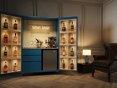 Elegant Blue Liquor Cabinet with Open Glass Doors Displaying Liquor Bottles Glassware and Bartending Tools 3d model